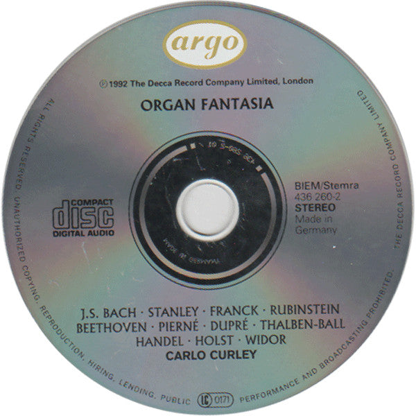 Charles-Marie Widor, Johann Sebastian Bach, Georg Friedrich Händel, Gustav Holst, Ludwig van Beethoven, César Franck - Carlo Curley : Organ Fantasia (CD)