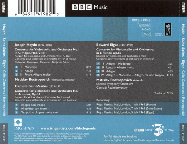 Rostropovich*, Haydn*, Saint-Saëns*, Elgar*, London Symphony Orchestra, Gennadi Rozhdestvensky : Cello Concerto No. 1 In C Major / Cello Concerto No. 1 In A Minor / Cello Concerto In E Minor (CD, Album, Mono, RM)