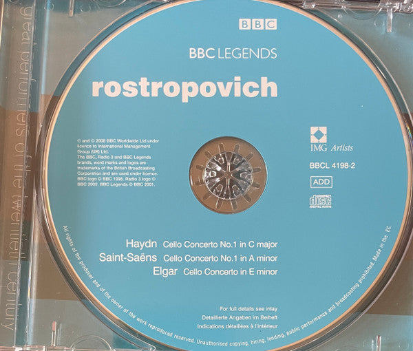 Rostropovich*, Haydn*, Saint-Saëns*, Elgar*, London Symphony Orchestra, Gennadi Rozhdestvensky : Cello Concerto No. 1 In C Major / Cello Concerto No. 1 In A Minor / Cello Concerto In E Minor (CD, Album, Mono, RM)