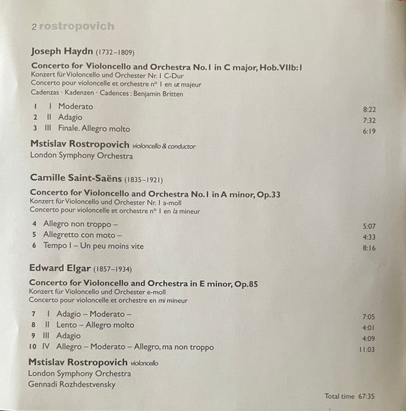 Rostropovich*, Haydn*, Saint-Saëns*, Elgar*, London Symphony Orchestra, Gennadi Rozhdestvensky : Cello Concerto No. 1 In C Major / Cello Concerto No. 1 In A Minor / Cello Concerto In E Minor (CD, Album, Mono, RM)
