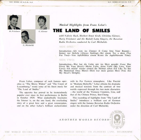 Franz Lehár, Valerie Back*, Herbert Ernst Groh, Christina Görner*, Harry Friedauer, Rudolf Lamy Singers*, Bavarian Radio Orchestra* Conducted By Carl Michalski : The Land Of Smiles (Musical Highlights) (7", EP, Mono, Club)