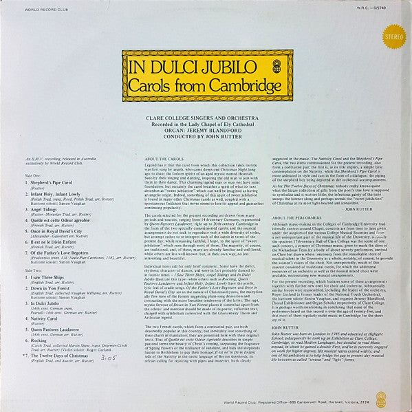 Clare College Singers* & Orchestra*, John Rutter : In Dulci Jubilo - Carols From Cambridge (LP, Album, Club)