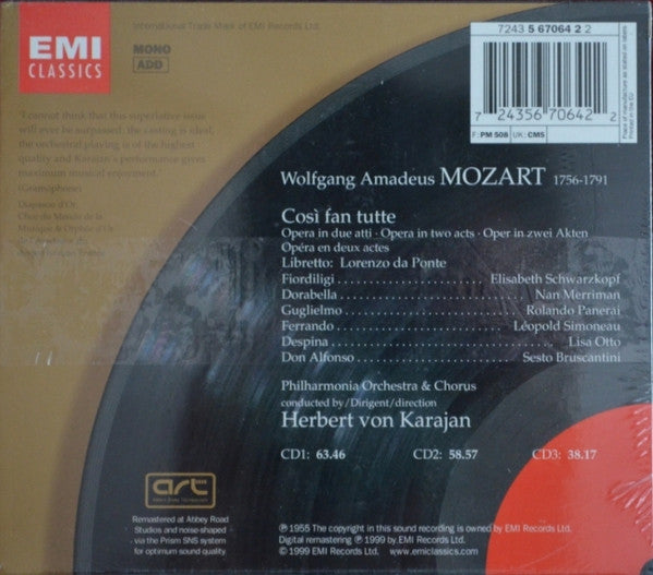 Mozart* - Elisabeth Schwarzkopf, Nan Merriman, Rolando Panerai, Leopold Simoneau, Lisa Otto, Sesto Bruscantini, The Philharmonia Orchestra* & Chorus*, Herbert Von Karajan : Cosi Fan Tutte (3xCD, Album, Mono + Box)