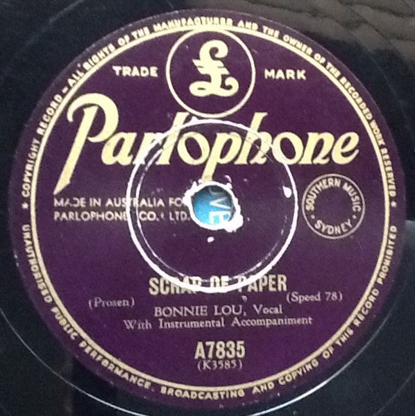 Bonnie Lou : Tennessee Wig Walk / Scrap Of Paper (Shellac, 10")