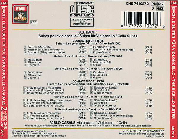 J.-S. Bach*, Pablo Casals : 6 Suiten Für Violoncello = Les 6 Suites Pour Violoncelle = The 6 Cello Suites (2xCD, Comp, Mono, RM)