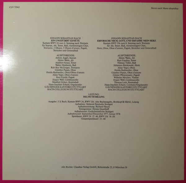 Bach*, Bach-Ensemble Helmuth Rilling : Die Bach Kantate BWV 24 Ein Ungefärbt Gemüte / BWV 136 Erforsche Mich, Gott, Und Erfahre Mein Herz (LP)