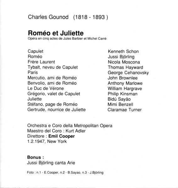 Charles Gounod - Jussi Björling, Bidú Sayão, Nicola Moscona, Emil Cooper : Romeo Et Juliette (2xCD, Album, RE, RM)