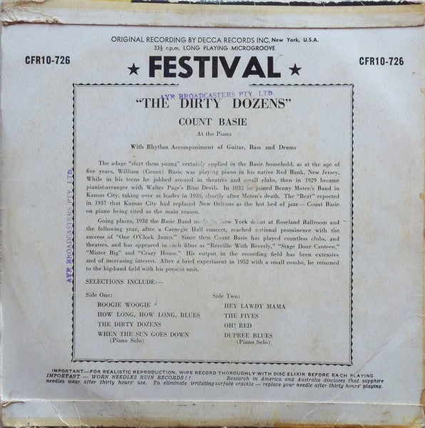 Count Basie : The Dirty Dozens (10", Comp, Mono)