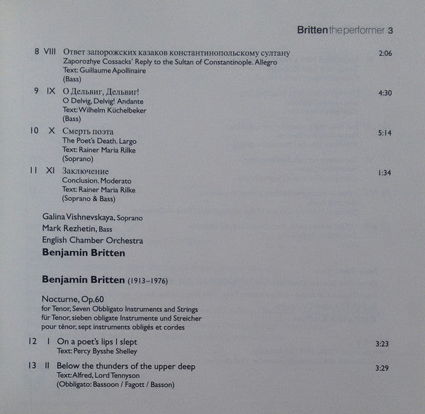 Shostakovich* / Benjamin Britten  -  English Chamber Orchestra, Galina Vishnevskaya, Mark Rezhetin, Peter Pears : Symphony No. 14 - Nocturne, Op. 60 (CD)