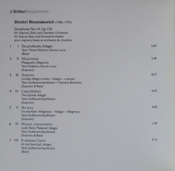 Shostakovich* / Benjamin Britten  -  English Chamber Orchestra, Galina Vishnevskaya, Mark Rezhetin, Peter Pears : Symphony No. 14 - Nocturne, Op. 60 (CD)