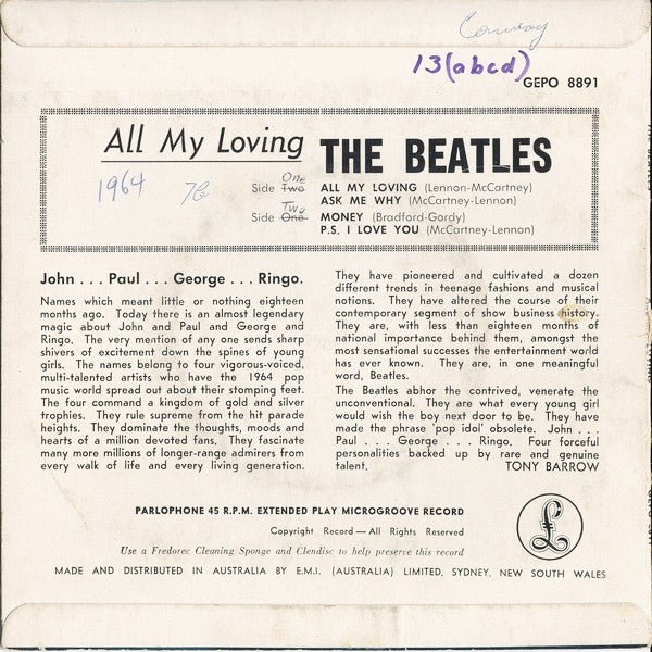 The Beatles : All My Loving (7", EP, Mono, RE)
