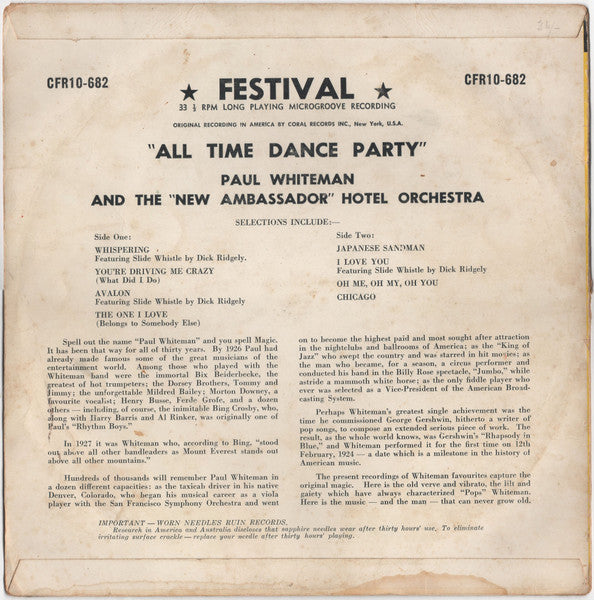 Paul Whiteman And The "New" Ambassador Hotel Orchestra : All Time Dance Party (10")