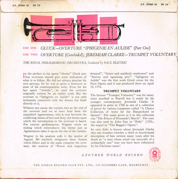 Gluck* / Jeremiah Clarke / Paul Kletzki  ‧  The Royal Philharmonic Orchestra* : Overture: 'Iphigenie En Aulide' / Trumpet Voluntary (7", EP, Mono, Club)