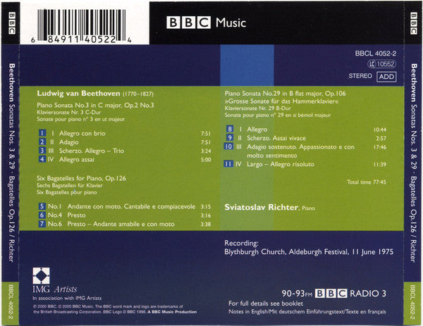 Sviatoslav Richter, Ludwig van Beethoven : Sonatas No.29 Hammerklavier, Sonata No.3, Bagatelles Op. 126 (CD, Album, RM)