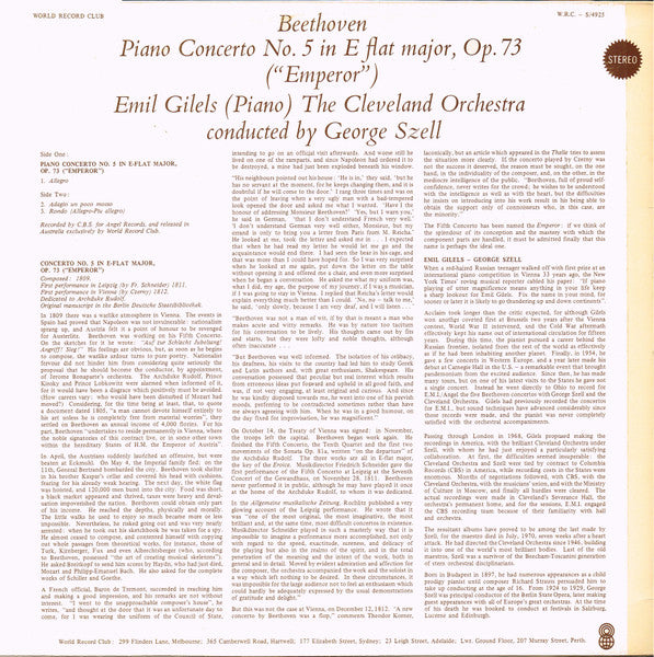 Beethoven*  /  Emil Gilels (Piano) / The Cleveland Orchestra Conducted By George Szell : Piano Concerto No. 5 In E Flat Major, Op. 73 ("Emperor") (LP, Album, Club)