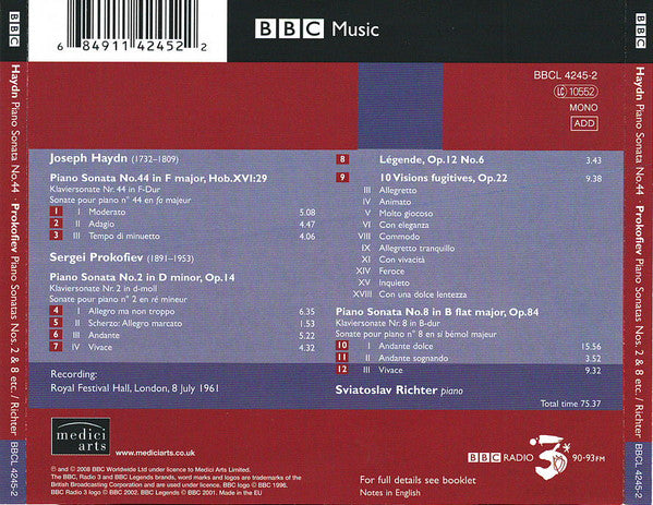 Joseph Haydn, Sergei Prokofiev / Sviatoslav Richter : Haydn Piano Sonata No. 44, Prokofiev Piano Sonatas Nos. 2 & 8 Etc. (CD, Album, Mono, RM)