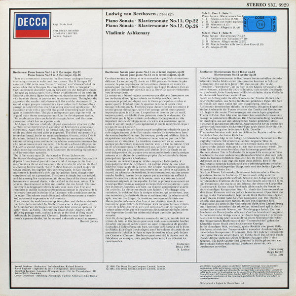 Vladimir Ashkenazy, Ludwig van Beethoven : Piano Sonatas No.11 Op.22 / No.12 Op.26 (LP)