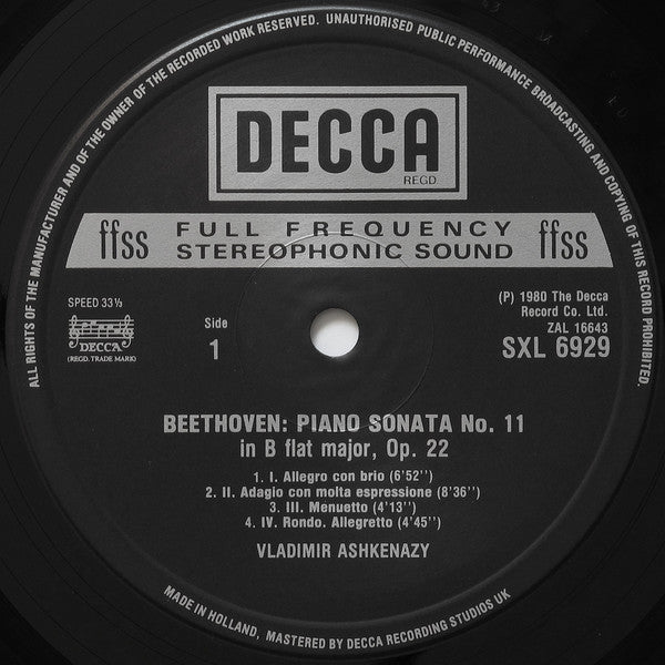 Vladimir Ashkenazy, Ludwig van Beethoven : Piano Sonatas No.11 Op.22 / No.12 Op.26 (LP)