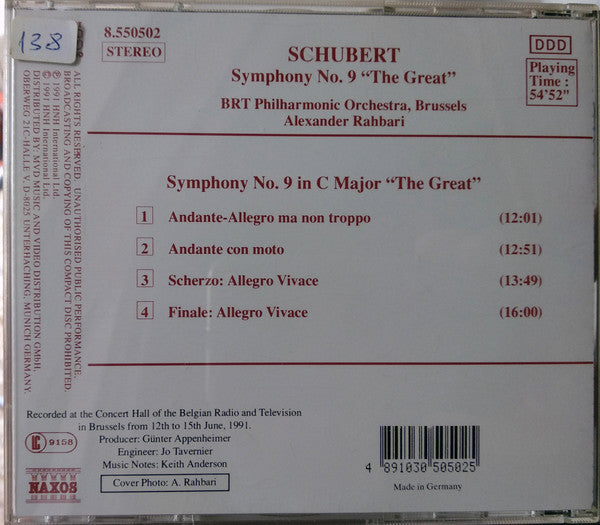 Schubert*, BRT Philharmonic Orchestra*, Alexander Rahbari : Symphony No. 9 "The Great" (CD)