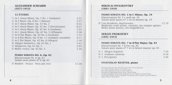 Sviatoslav Richter, Alexander Scriabin, Nikolai Myaskovsky, Sergei Prokofiev : Scriabin: Etudes · Sonata No. 6 · Myaskovsky: Sonata No. 3 · Prokofiev: Sonata No. 7 (CD, Comp, Mono, RM)