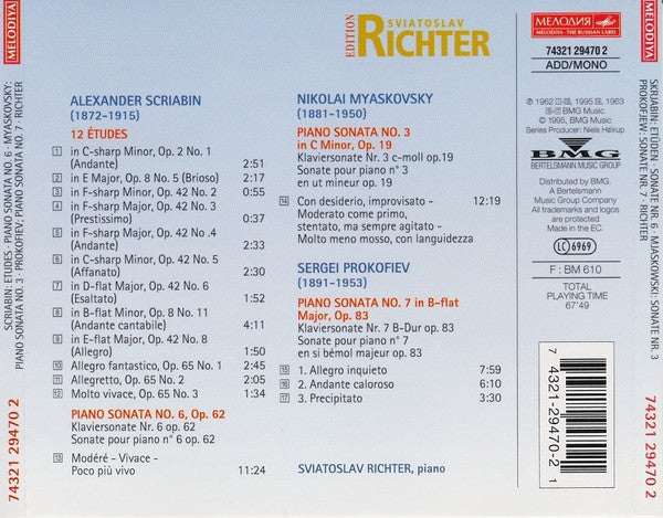 Sviatoslav Richter, Alexander Scriabin, Nikolai Myaskovsky, Sergei Prokofiev : Scriabin: Etudes · Sonata No. 6 · Myaskovsky: Sonata No. 3 · Prokofiev: Sonata No. 7 (CD, Comp, Mono, RM)