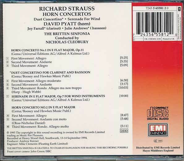 Richard Strauss - David Pyatt, Joy Farrall · Julie Andrews (2), The Britten Sinfonia*, Nicholas Cleobury : Horn Concertos / Duett Concertino • Serenade For Wind (CD)