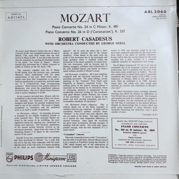 Mozart*, Casadesus*, George Szell : Piano Concerto No. 24 & 26 (LP, Mono)