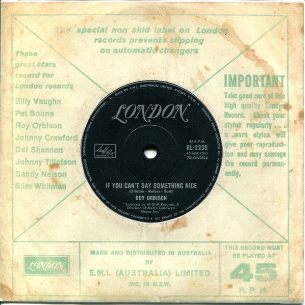 Roy Orbison : Crawlin' Back / If You Can't Say Something Nice (7", Single, sol)