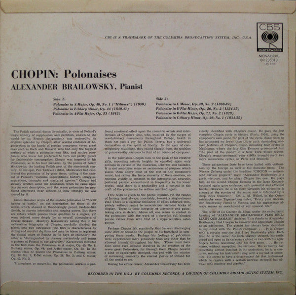 Frédéric Chopin : Alexander Brailowsky : Chopin Polonaises By Brailowsky (LP, Mono)