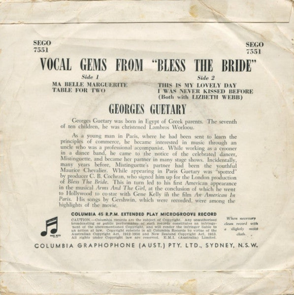 Georges Guétary And Lizbeth Webb With Orchestra & Chorus Conducted By Michael Collins (4) : Vocal Gems From "Bless The Bride" (7", EP)