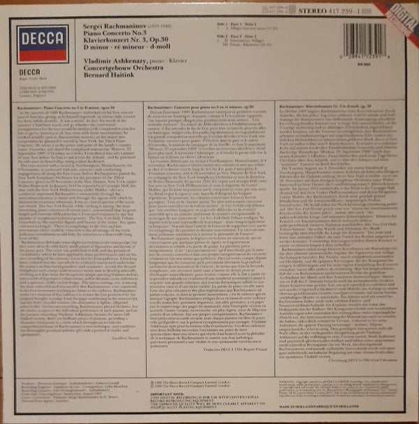 Sergei Vasilyevich Rachmaninoff / Vladimir Ashkenazy / Concertgebouworkest / Bernard Haitink : Piano Concerto No. 3 (LP)