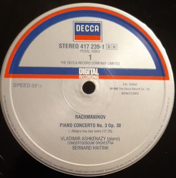 Sergei Vasilyevich Rachmaninoff / Vladimir Ashkenazy / Concertgebouworkest / Bernard Haitink : Piano Concerto No. 3 (LP)