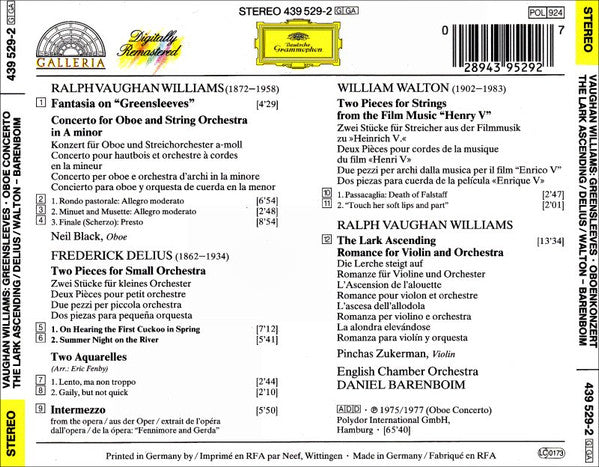 Ralph Vaughan Williams · Frederick Delius · Sir William Walton - Pinchas Zukerman · Neil Black (3) · English Chamber Orchestra · Daniel Barenboim : Greensleeves · The Lark Ascending · Oboe Concerto · Summer Night On The River · On Hearing The First Cuckoo In Spring (CD, Comp, RM)
