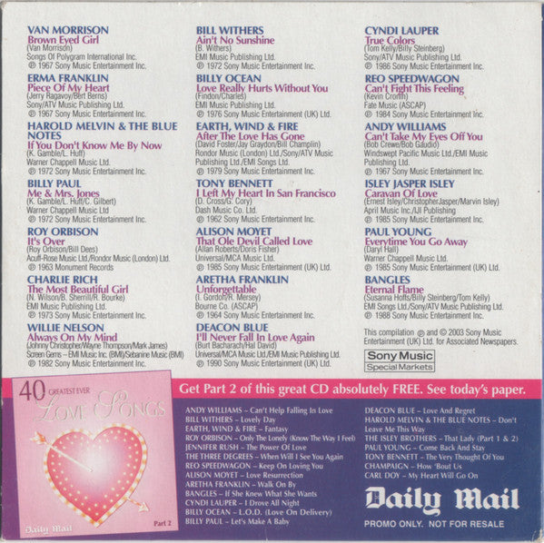Various : 40 Greatest Ever Love Songs Part 1 (CD, Comp, Promo)