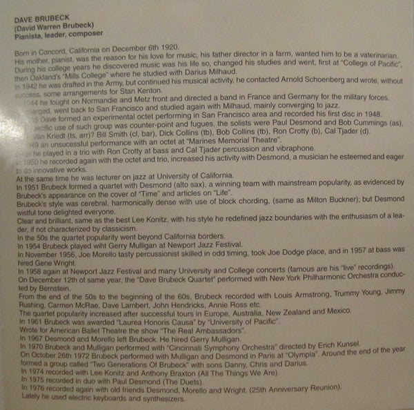 Dave Brubeck : Take Five: Blue Rondo A La Turk (CD, Album)
