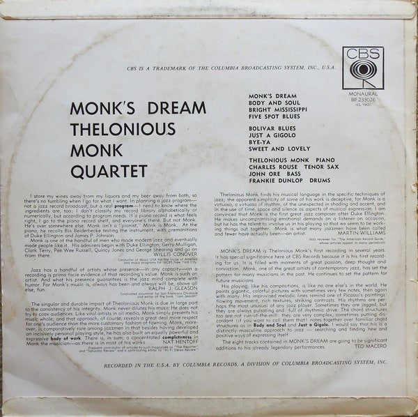 The Thelonious Monk Quartet : Monk's Dream (LP, Album, Mono)