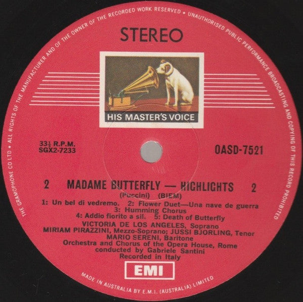 Puccini* - Victoria De Los Angeles, Jussi Björling, Miriam Pirazzini, Mario Sereni, Orchestra* And Chorus Of The Opera House, Rome* Conducted By Gabriele Santini (2) : Madama Butterfly - Highlights (LP, Album, RP)
