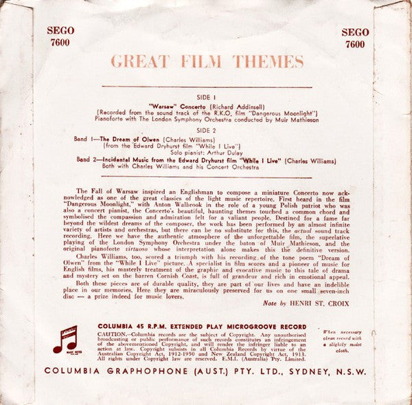The London Symphony Orchestra*, Charles Williams And His Concert Orchestra* : Great Film Themes (7", EP)