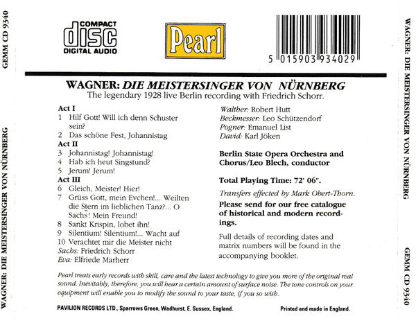Richard Wagner, Friedrich Schorr : Die Meistersinger Von Nürnberg - The Legendary 1928 Recording With Friedrich Schorr (CD, Mono)