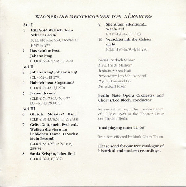 Richard Wagner, Friedrich Schorr : Die Meistersinger Von Nürnberg - The Legendary 1928 Recording With Friedrich Schorr (CD, Mono)