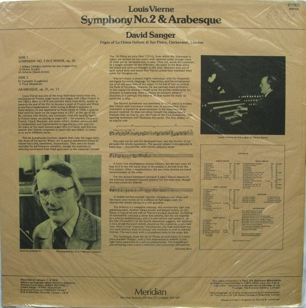 Louis Vierne, David Sanger (2) : Symphony No. 2 & Arabesque (LP)