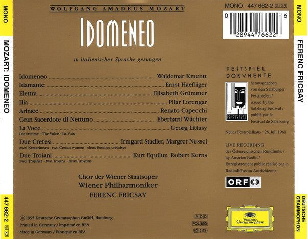 Wolfgang Amadeus Mozart, Waldemar Kmentt, Elisabeth Grümmer, Pilar Lorengar, Ernst Haefliger, Wiener Staatsopernchor, Wiener Philharmoniker, Ferenc Fricsay : Idomeneo (3xCD, Album, Mono, RE)