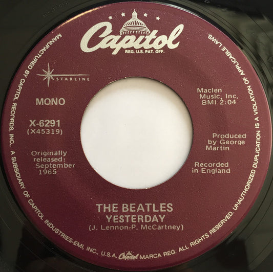 The Beatles : Yesterday / Act Naturally (7", Single, Mono, RE)
