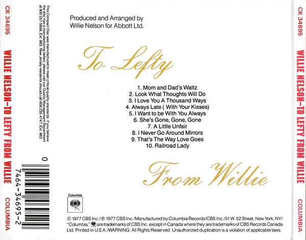 Willie Nelson : To Lefty From Willie (CD, Album, RE)