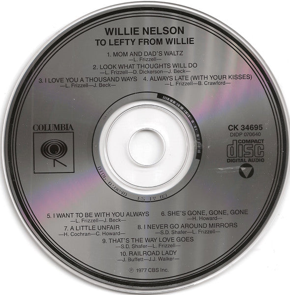 Willie Nelson : To Lefty From Willie (CD, Album, RE)