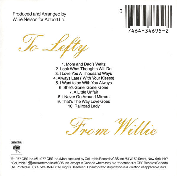 Willie Nelson : To Lefty From Willie (CD, Album, RE)