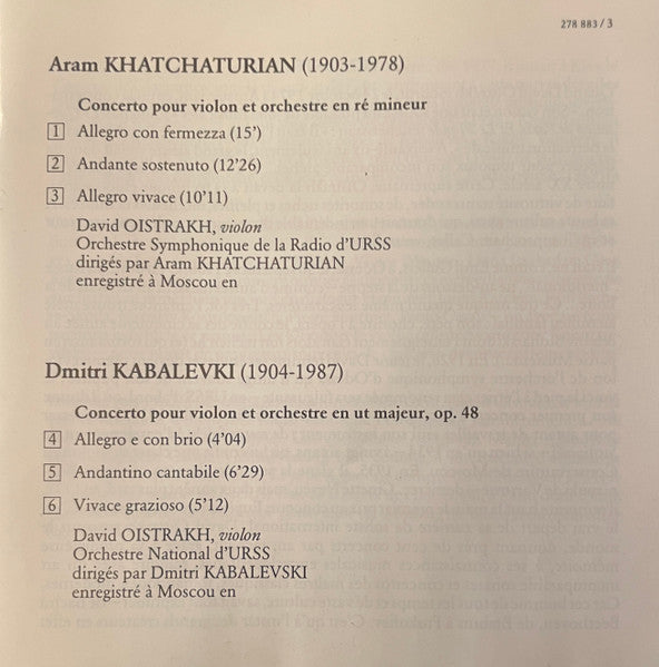 Khatchaturian*, Kabalevski* / David Oistrakh* : Concertos Pour Violon (CD, Comp, RM)