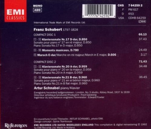 Schubert* – Artur Schnabel : Klaviersonaten / Sonates Pour Piano / Piano Sonatas D.850, D.959 & D.960 – Moments Musicaux, D.780 – Marsch / Marche / March D.606 (2xCD, Comp, Mono, RM)