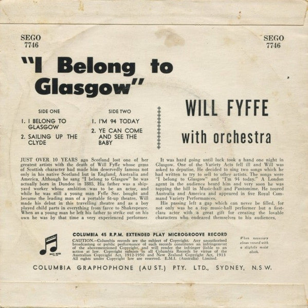 Will Fyffe : I Belong To Glasgow (7", EP, Tur)