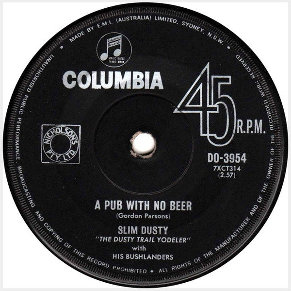 Slim Dusty With His Bushlanders : A Pub With No Beer / Saddle Boy (7", RP, Bla)